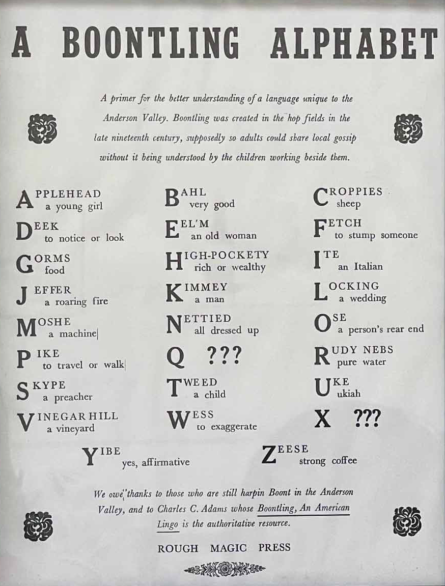 A printed Boontling alphabet from Anderson Valley, pairing local words with plain-language definitions.