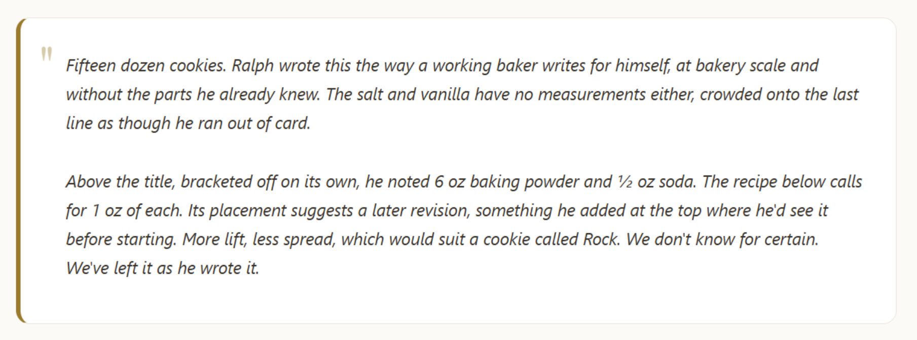 A note in the Family Archive explaining Ralph's bakery-scale recipe, the crowded salt and vanilla line, and a possible later baking-powder revision without claiming certainty.