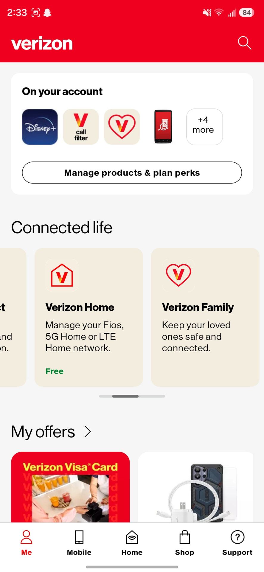 Public Verizon Connected life screen: a carousel of content cards below a sectioned page header.