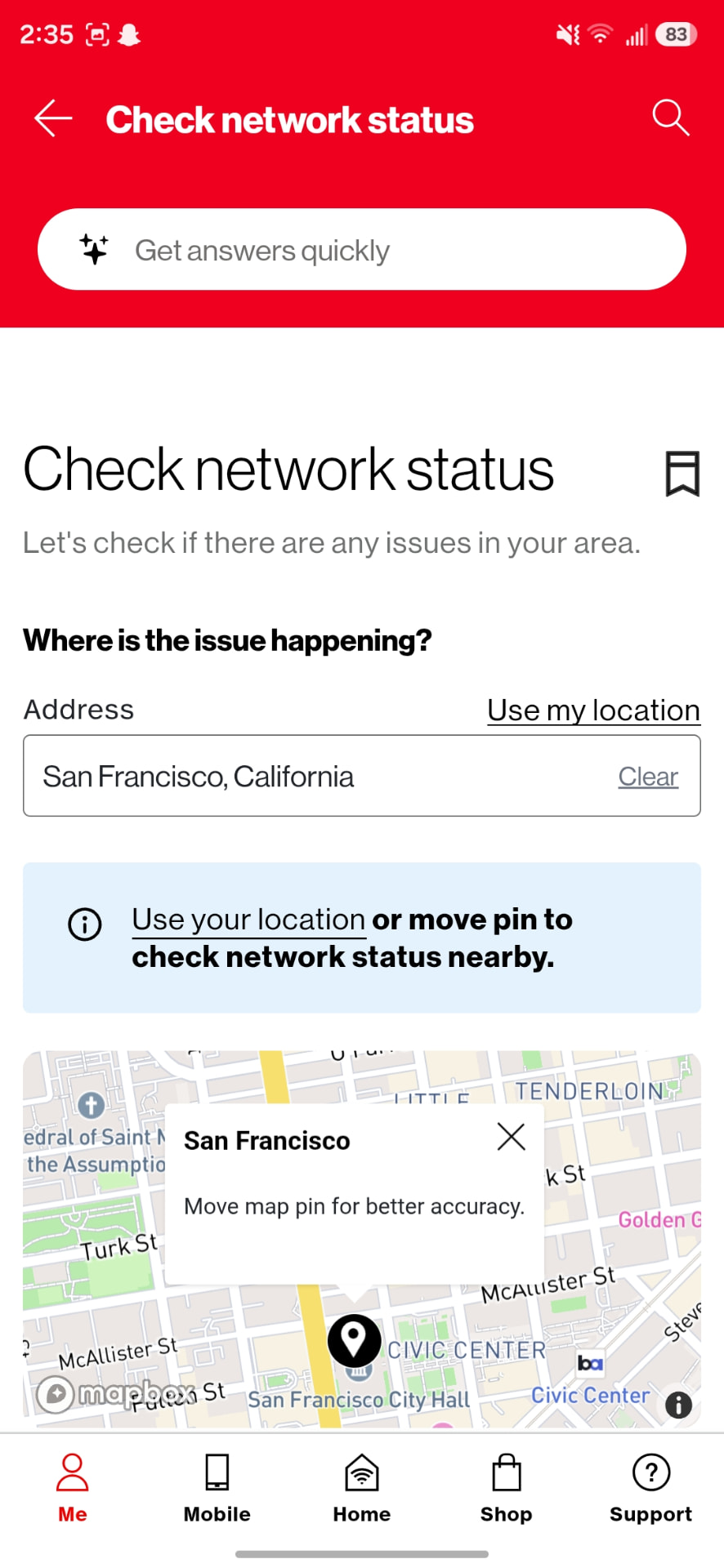 Public Verizon network status screen: location input, informational notification and map.