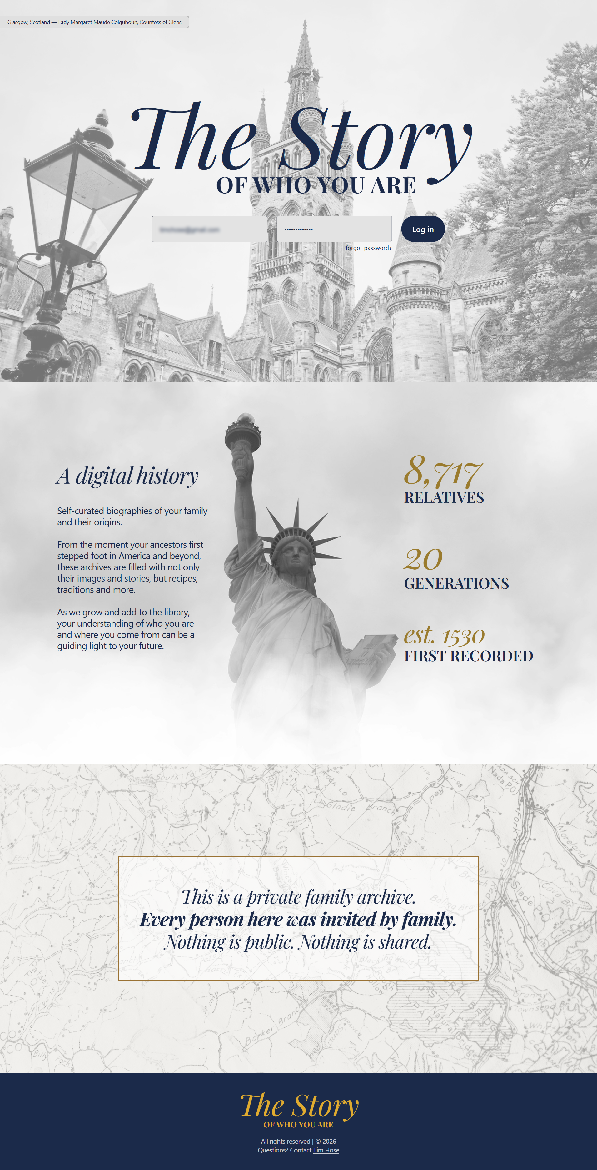 The landing page: a black-and-white Gothic architecture hero under a navy Playfair Display wordmark reading The Story of Who You Are, a login form, and a digital-history section with a statue photograph and counts of relatives and generations.