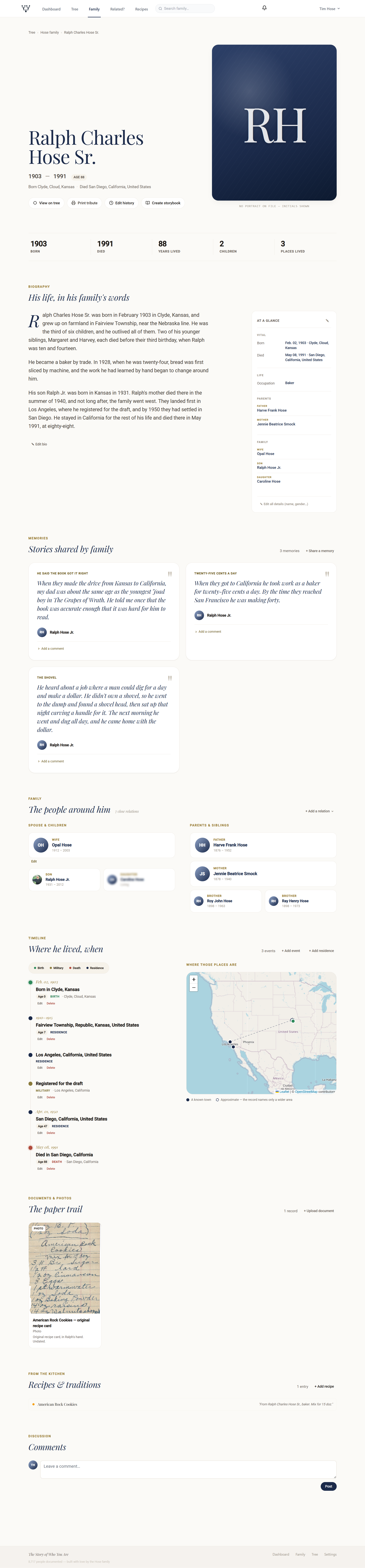 A profile page for an ancestor: a monogram where no portrait exists, a stats bar, a two-column biography, family memories quoted from relatives, a family-connections panel, a timeline with a map, a documents gallery, and a recipe.