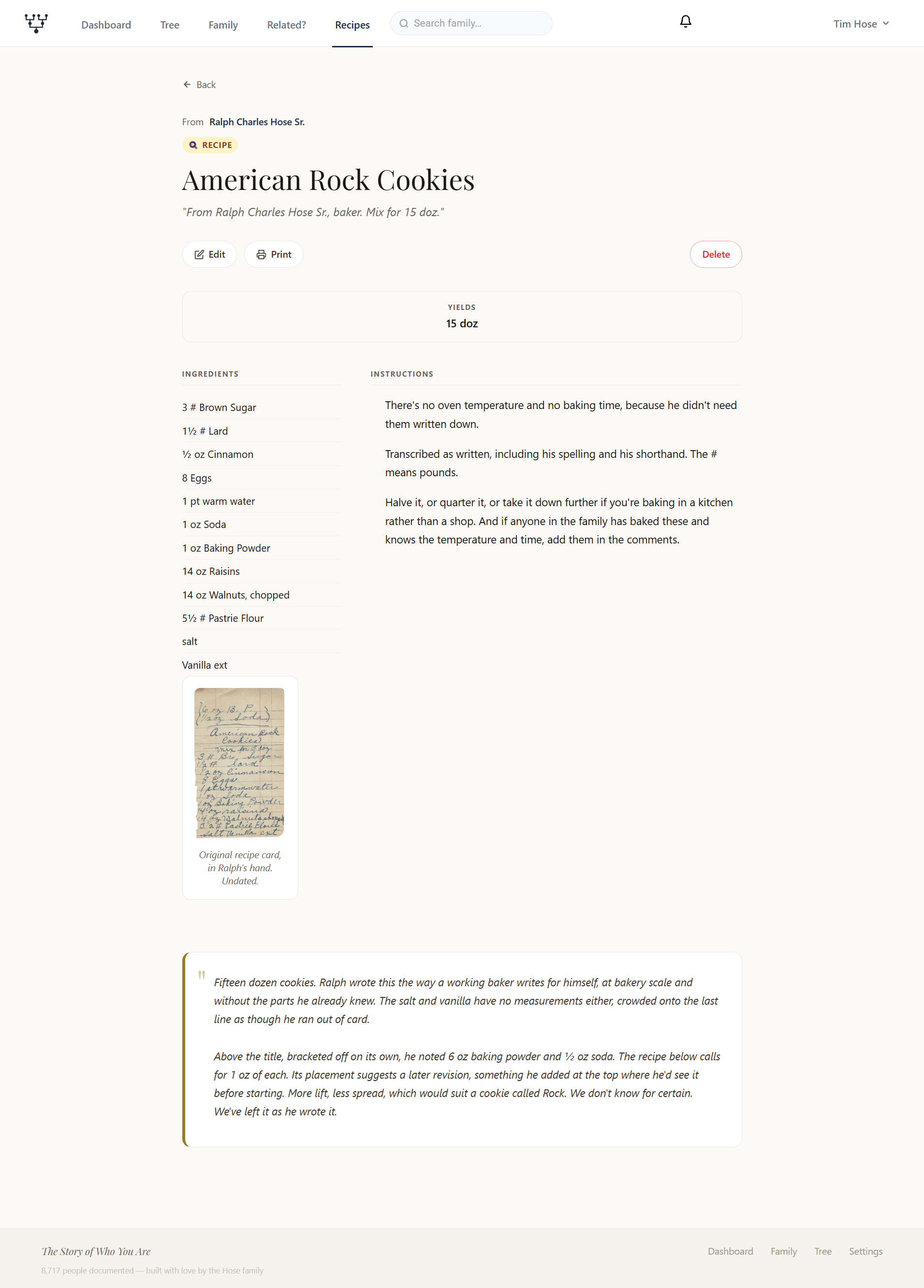 A recipe page for American Rock Cookies, transcribed from a handwritten card shown beside it, with an ingredient list, instructions noting the missing oven temperature and baking time, and a note explaining what was left as written.