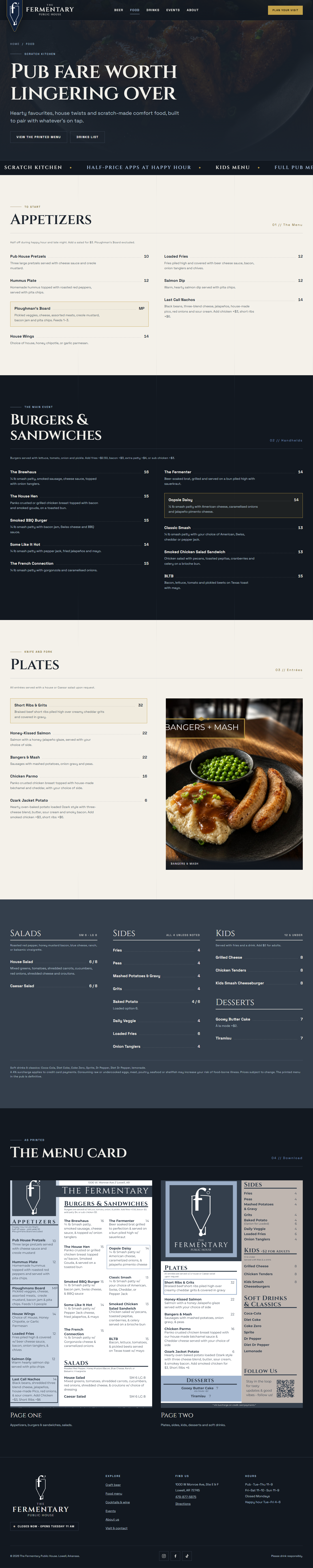 The full redesigned food page from top to bottom, including the complete menu set as real text.
