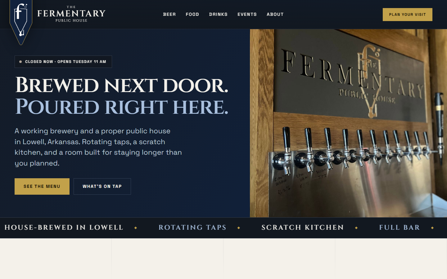 A dark, editorial brewpub hero reading 'Brewed next door. Poured right here.' in a serif display face.