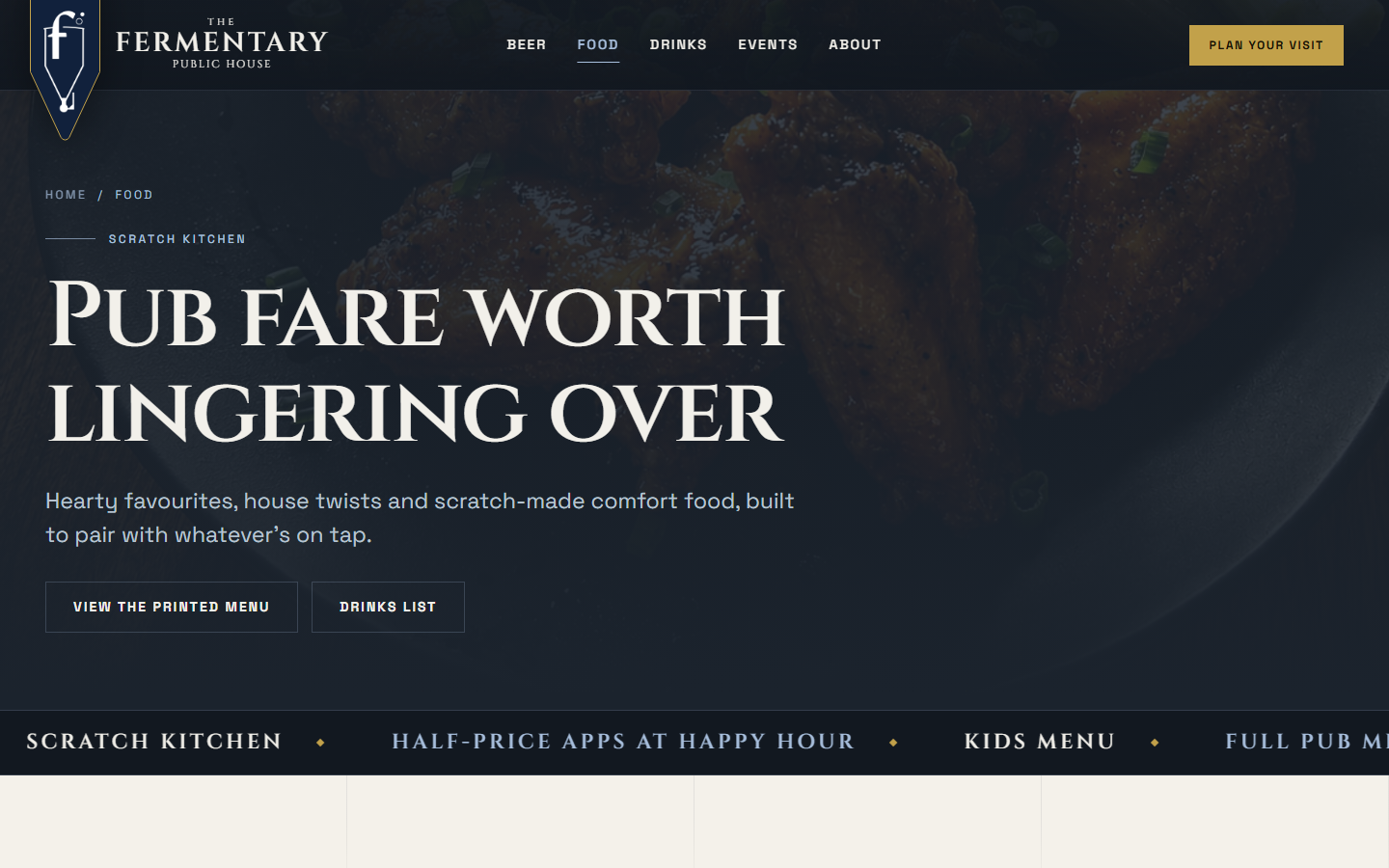 Redesigned food page: 'Pub fare worth lingering over' set large over a dark dish photo, with a running marquee of scratch kitchen, half-price apps at happy hour, kids menu and full pub menu.