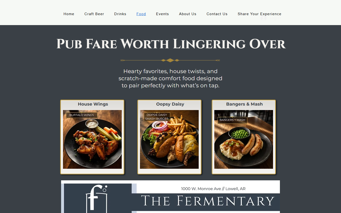 Original Wix food page: three gold-bordered cards with Instagram photos that have captions burned into the corners, titled House Wings, Oopsy Daisy and Bangers and Mash.