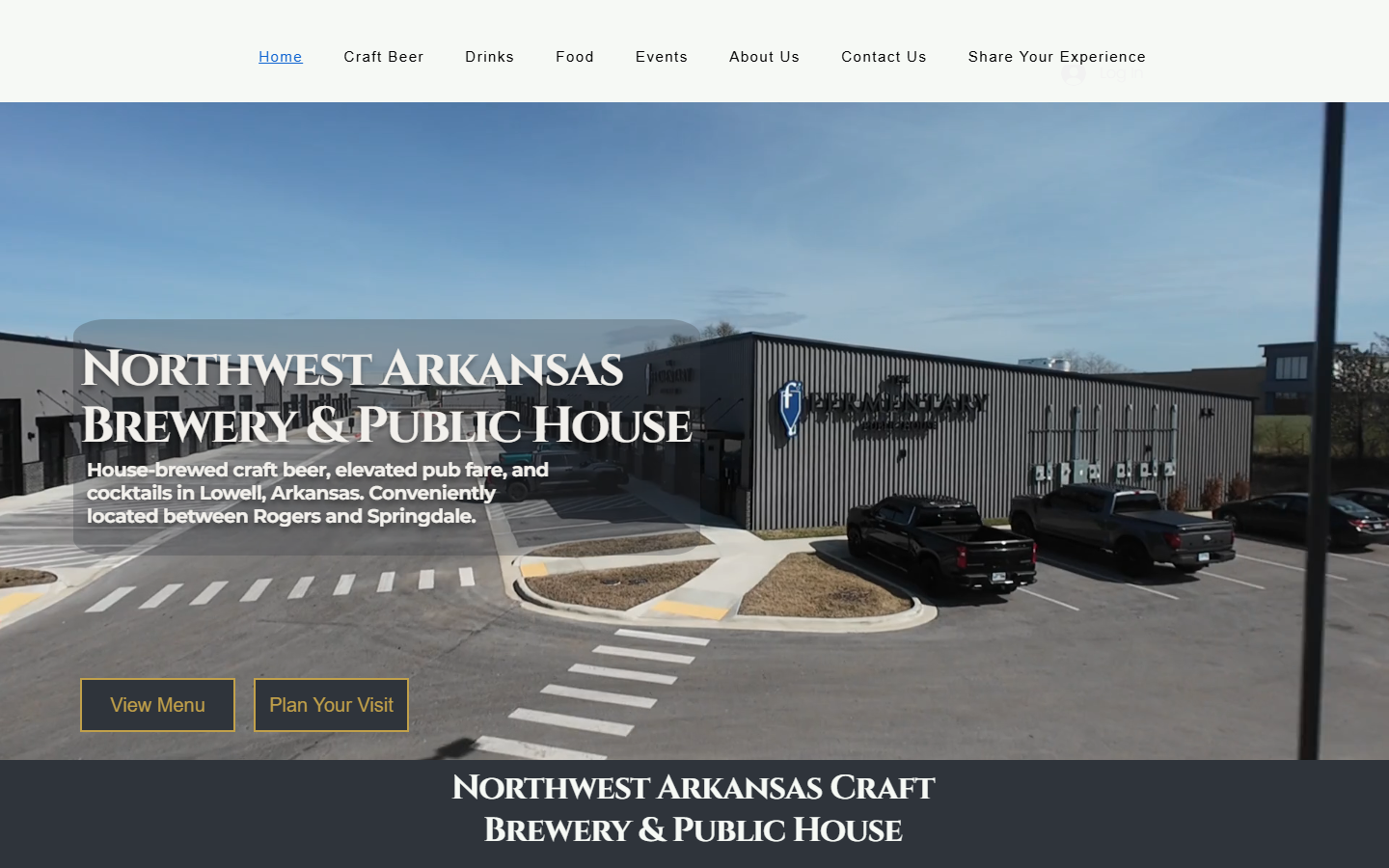 Original Wix home page: a stock building photo behind the words 'Northwest Arkansas Brewery and Public House', a long generic navigation bar, and View Menu and Plan Your Visit buttons.