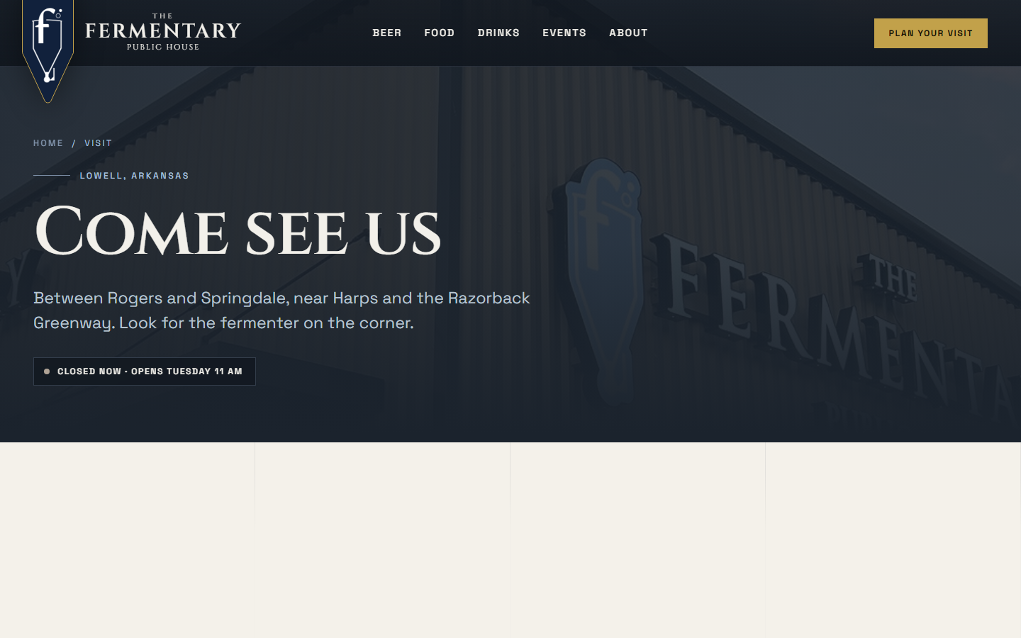 Redesigned visit page: hours, address and directions organised as one clear page, with the current open-or-closed status shown at the top.