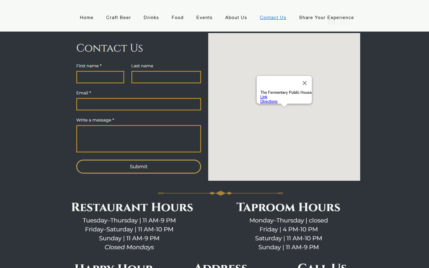 Original Wix contact page: a contact form beside a map with a popup, above separate Restaurant Hours and Taproom Hours blocks.