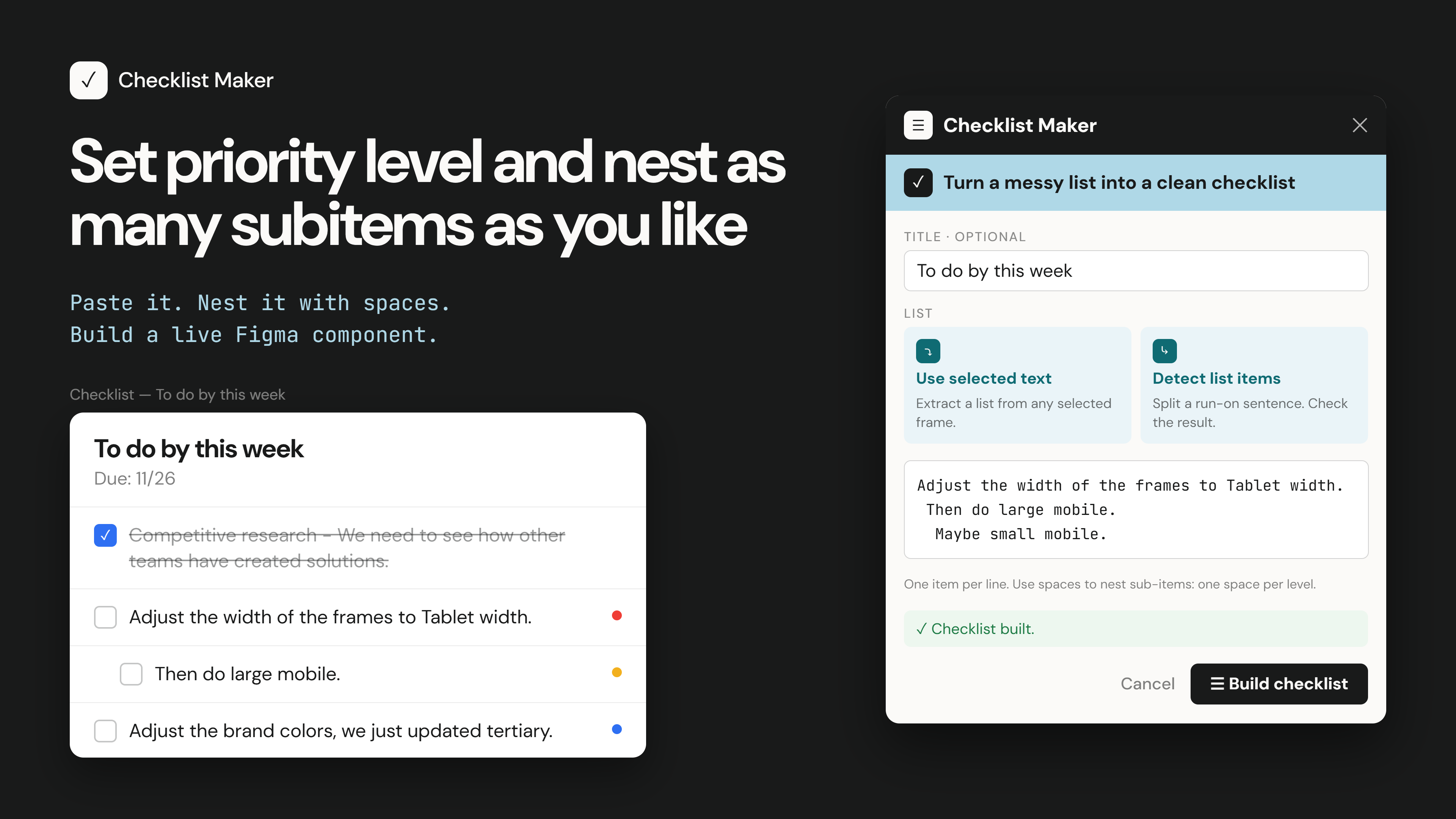 Checklist Maker plugin panel beside the nested checklist component it builds in Figma.