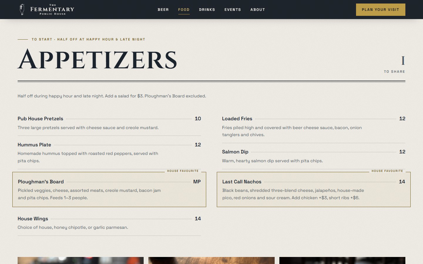 Redesigned food page, below the fold: the Appetizers section set as real text, each dish with a dotted leader line to its price and a short description, the happy-hour note above, and two house favourites framed in brass.