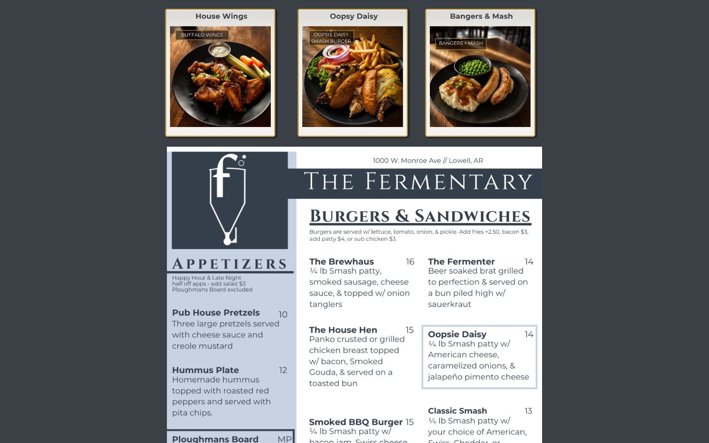Original Wix food page: three gold-bordered cards with Instagram photos that have captions burned into the corners, titled House Wings, Oopsy Daisy and Bangers and Mash, above the printed menu posted as a flat image.