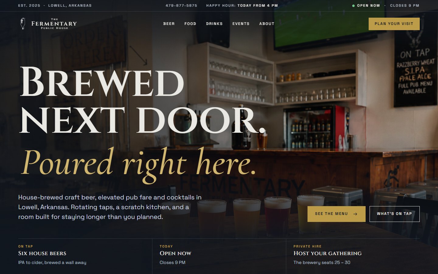 Redesigned Fermentary home page: the headline 'Brewed next door. Poured right here.' over a full-bleed photo of the brewery bar.