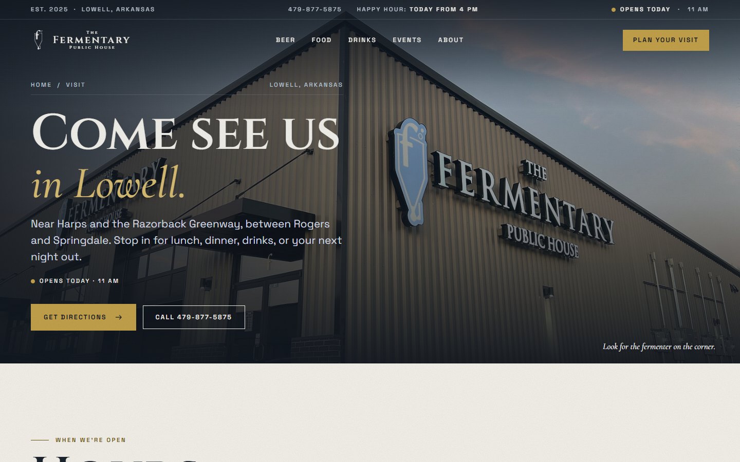 Redesigned visit page: the headline 'Come see us in Lowell.' over a photo of the building's Fermentary sign, the live opening status, and Get Directions and Call buttons, with the Hours section starting below.
