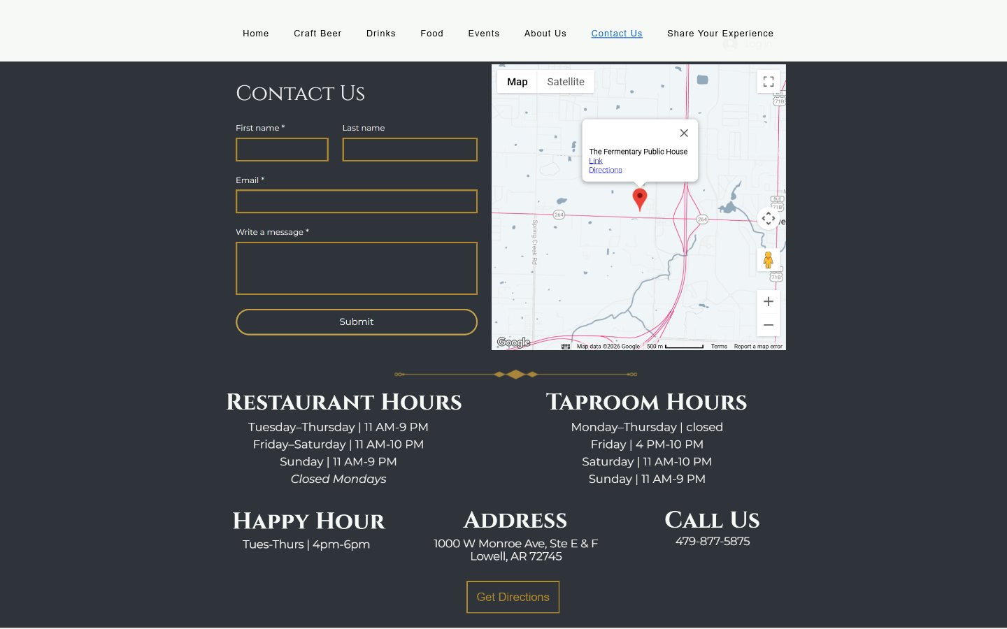 Original Wix contact page: a contact form beside a map with a popup, above separate Restaurant Hours and Taproom Hours blocks and Happy Hour, Address and Call Us blocks.
