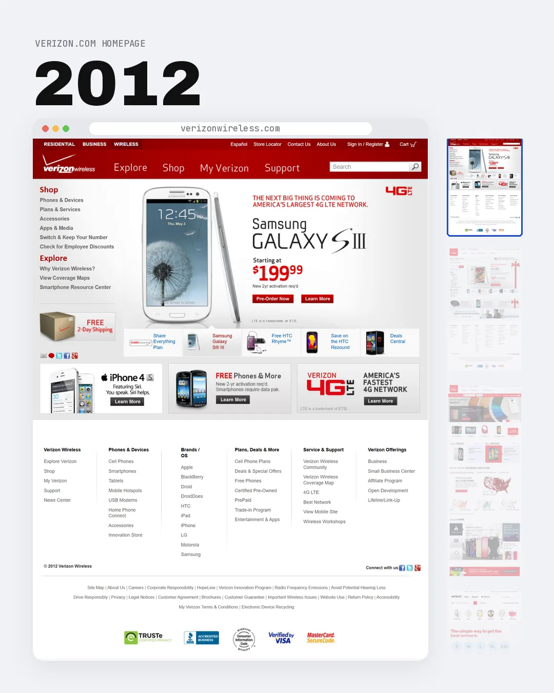 Verizon.com homepages from 2012 to 2021, shown one year at a time in a browser window, with a film strip of each full page beside it.