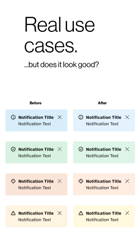 Notification status colors before and after adjustment on a light surface: info, success, error and warning each reading clearly.
