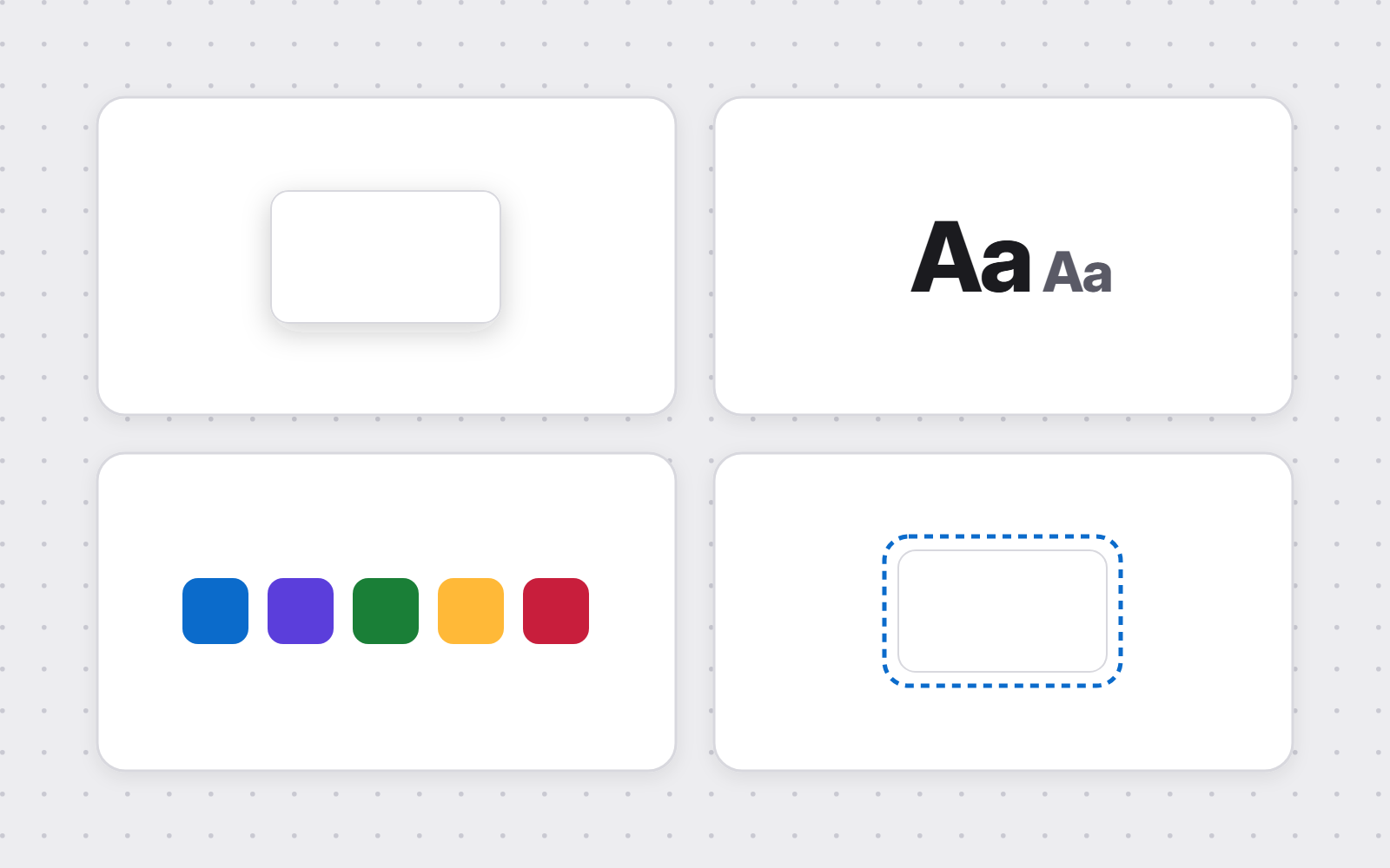 A design-system foundations sheet: an elevation card, a type scale, a row of color tokens, and a focus state.
