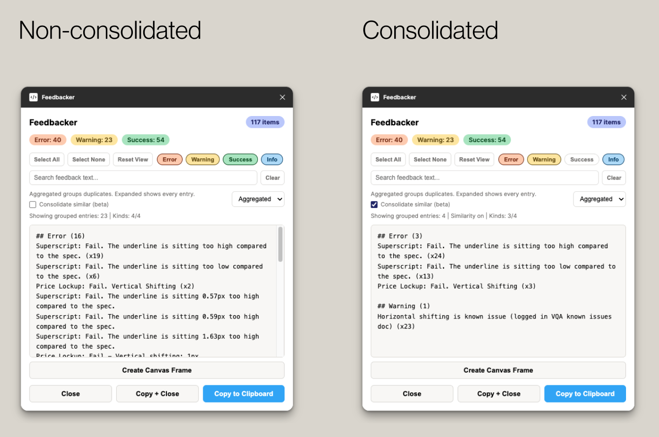The Feedbacker plugin panel shown non-consolidated versus consolidated, aggregating differently worded QA notes into one concise, copyable list.