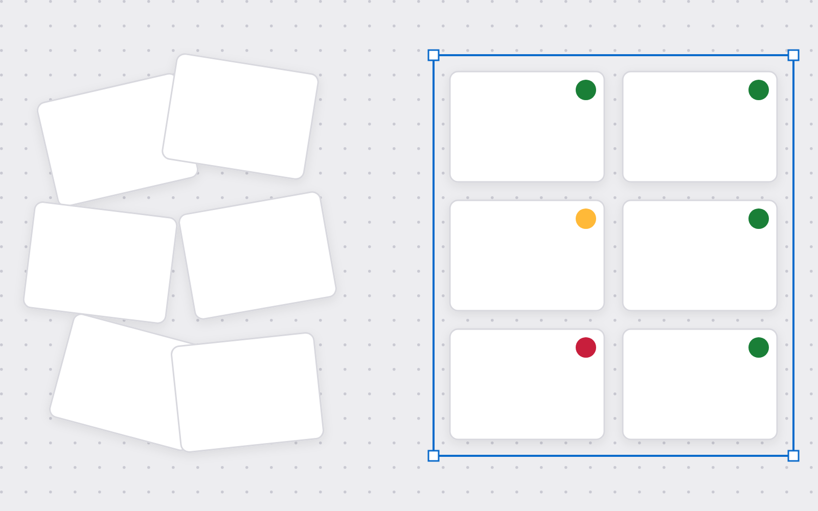 Scattered tiles resolving into a clean validated grid, flagged pass, warning and fail.